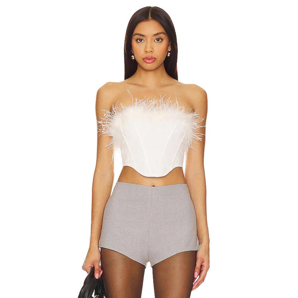 Superdown elsie corset top white strapless cropped feather trim Size XS NWT